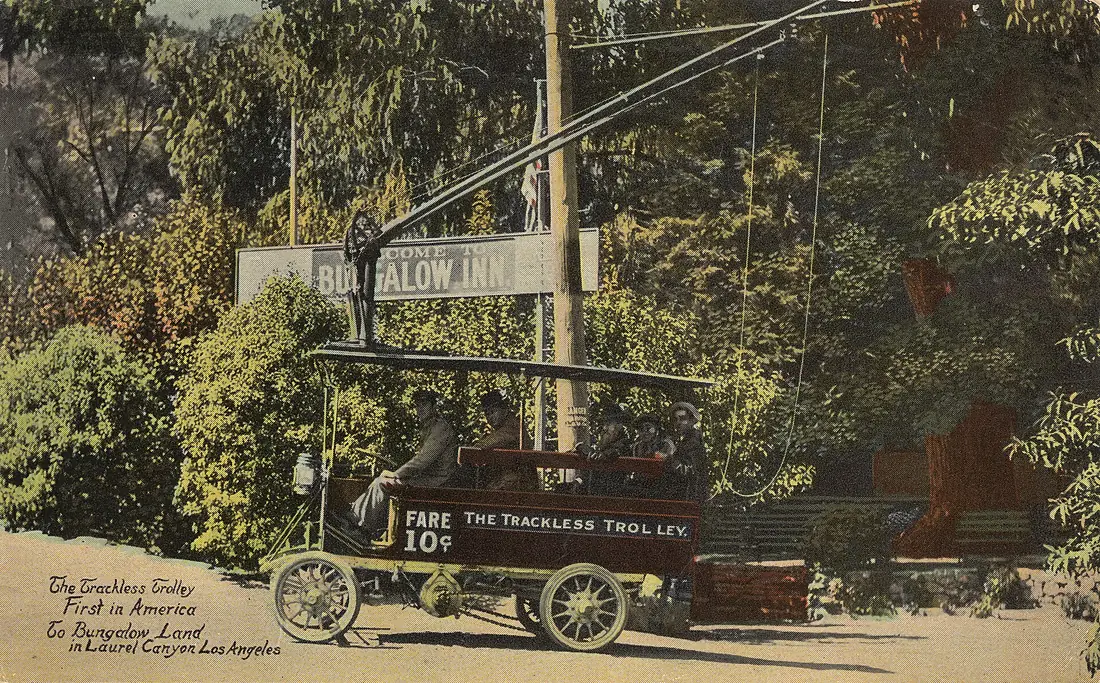The Trackless Trolley, first in America, to Bungalow Land in Laurel Canyon, Los Angeles