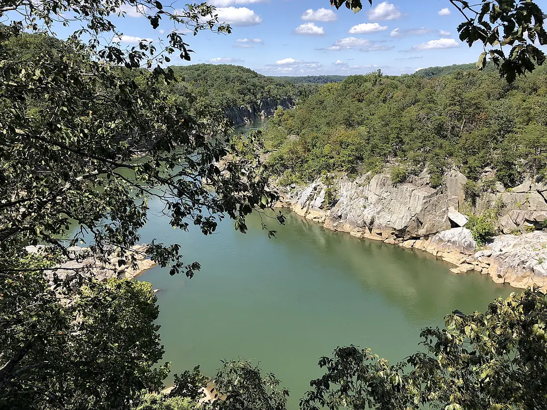 2019-09-07 13 34 09 View northwest up the Mather Gorge of the Potomac River from a point about 1.15 miles below Great Falls within Great Falls Park in Great Falls, Fairfax County, Virginia